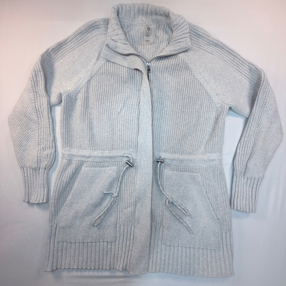 Lou & Grey XL Ribbed Cotton Cardigan Sweater Full Zip Drawstring Pockets Gray